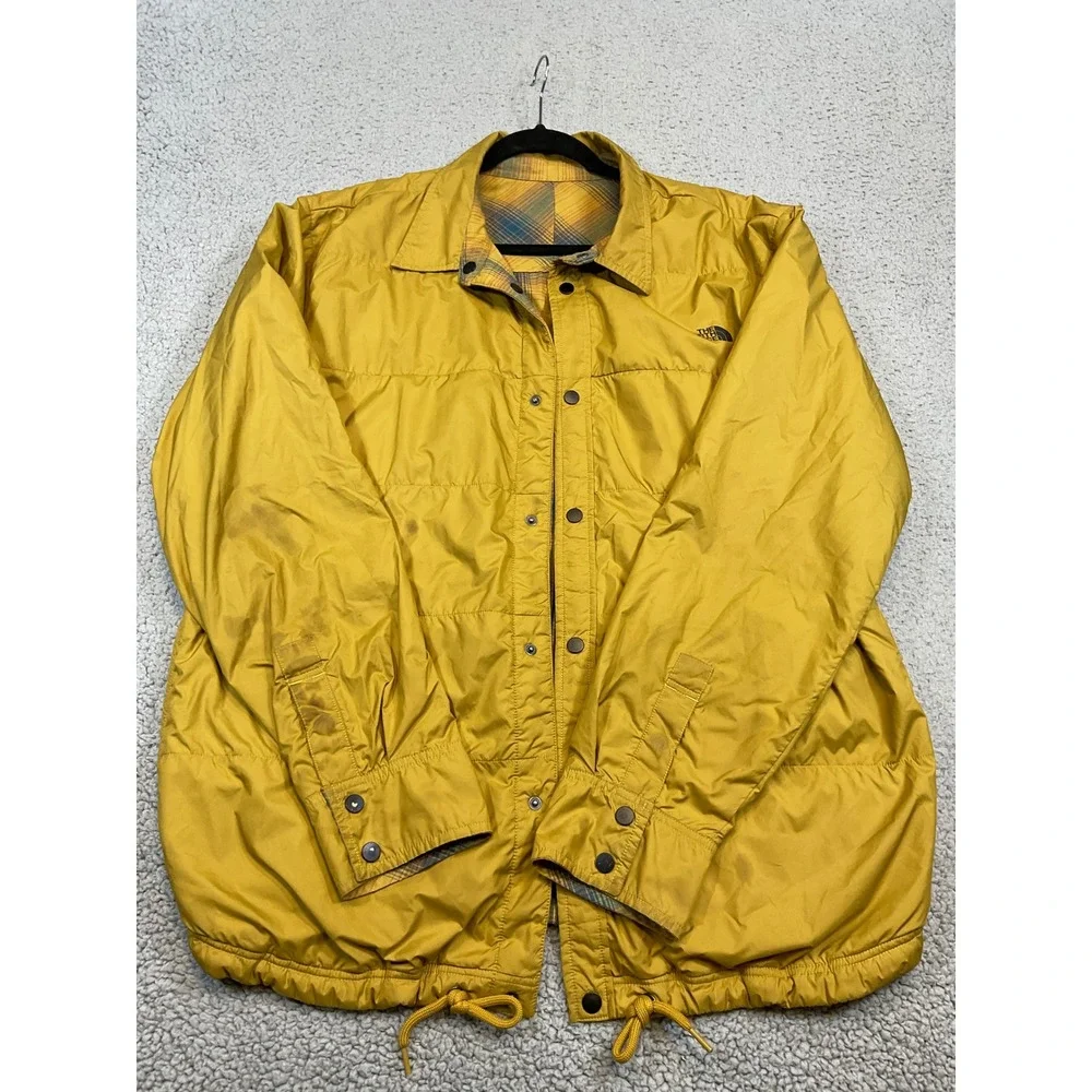 The North Face Flannel Jacket Mens XL Yellow Plaid Lined Snap Reve